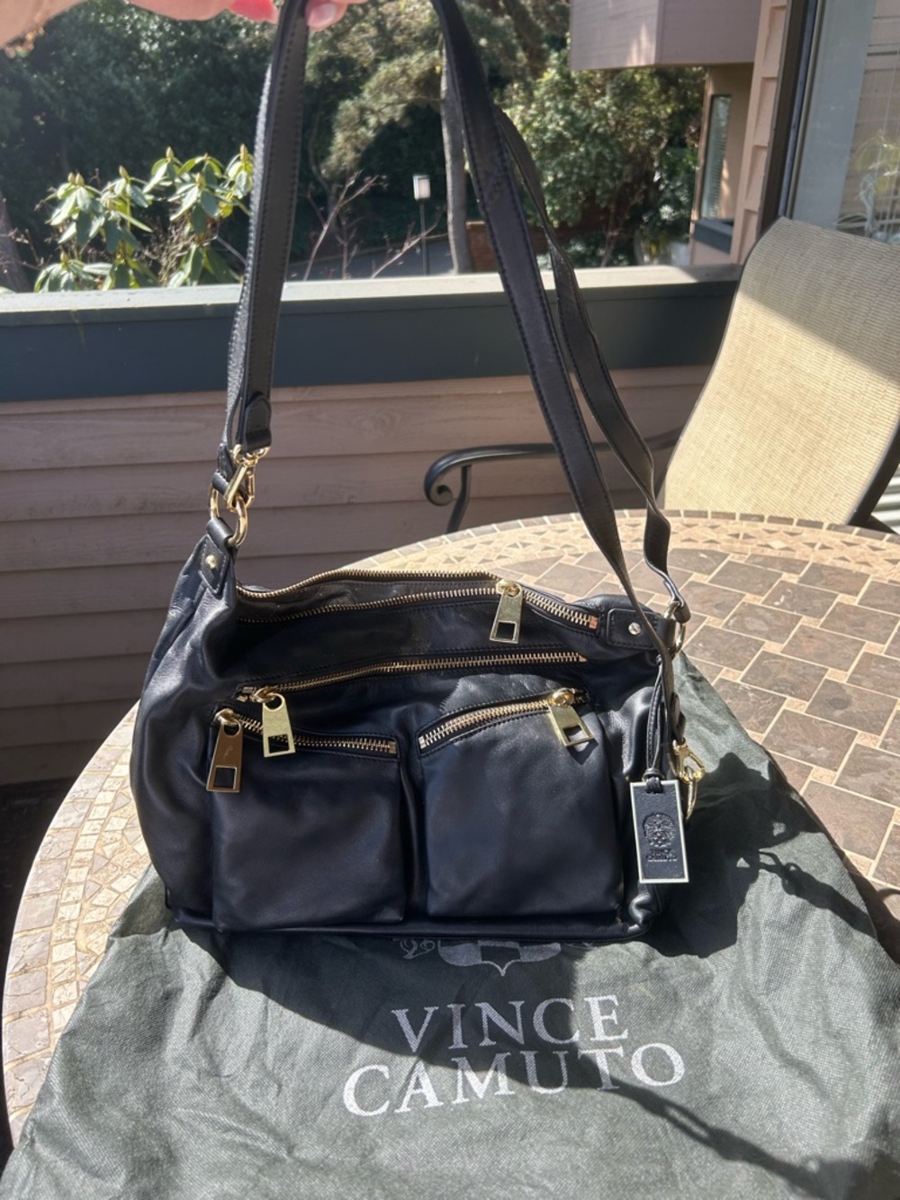 Vince Camuto Black Leather Shoulder Bag with Gold Hardware Accents